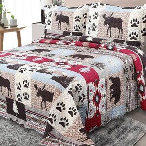 Brand New Cabin Moose & Bear Paws 3-Piece Quilt Set • Queen